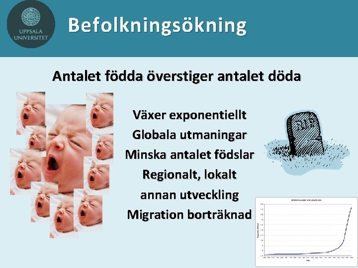 Befolkningsökning Antalet födda överstiger antalet döda Växer exponentiellt Globala utmaningar Minska antalet födslar Regionalt,