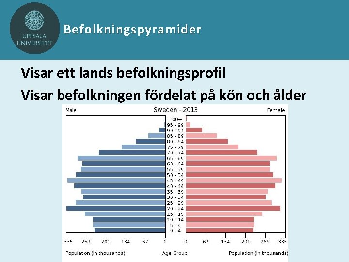 Befolkningspyramider Visar ett lands befolkningsprofil Visar befolkningen fördelat på kön och ålder 