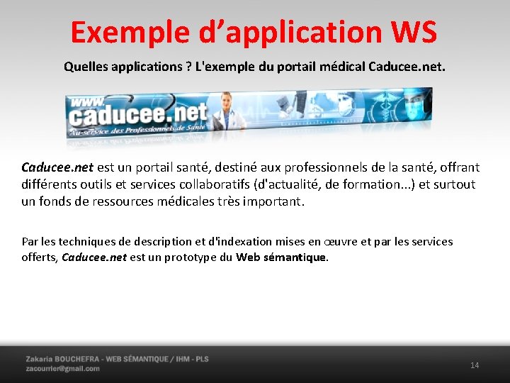 Exemple d’application WS Quelles applications ? L'exemple du portail médical Caducee. net est un