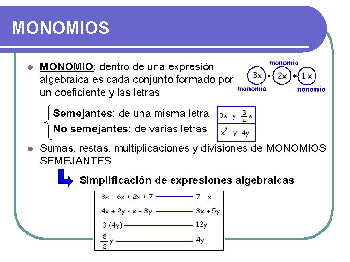 MONOMIOS l MONOMIO: dentro de una expresión algebraica es cada conjunto formado por un