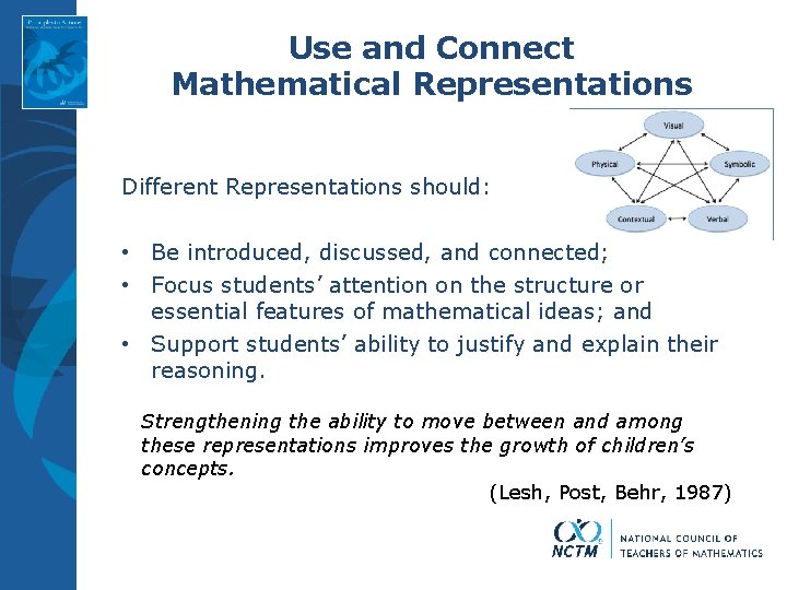 Use and Connect Mathematical Representations Different Representations should: • Be introduced, discussed, and connected;