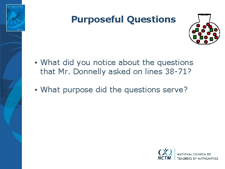 Purposeful Questions • What did you notice about the questions that Mr. Donnelly asked