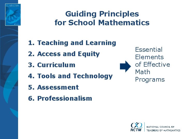 Guiding Principles for School Mathematics 1. Teaching and Learning 2. Access and Equity 3.