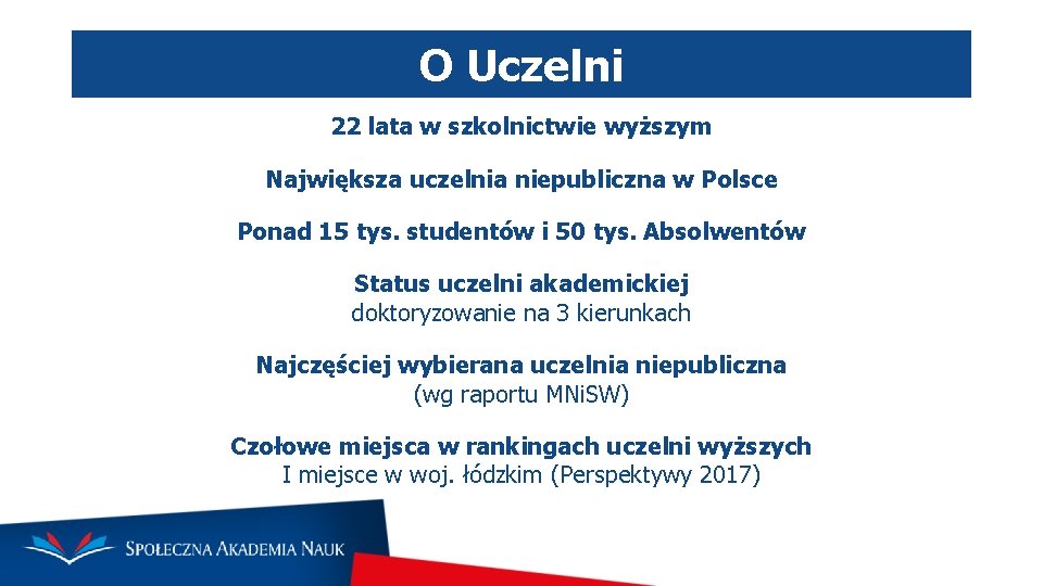 O Uczelni 22 lata w szkolnictwie wyższym Największa uczelnia niepubliczna w Polsce Ponad 15