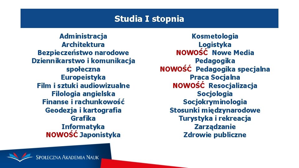 Studia I stopnia Administracja Architektura Bezpieczeństwo narodowe Dziennikarstwo i komunikacja społeczna Europeistyka Film i