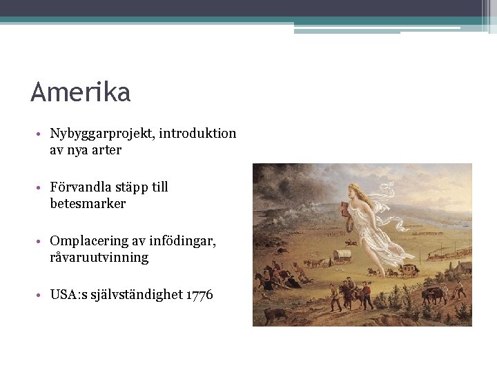 Amerika • Nybyggarprojekt, introduktion av nya arter • Förvandla stäpp till betesmarker • Omplacering