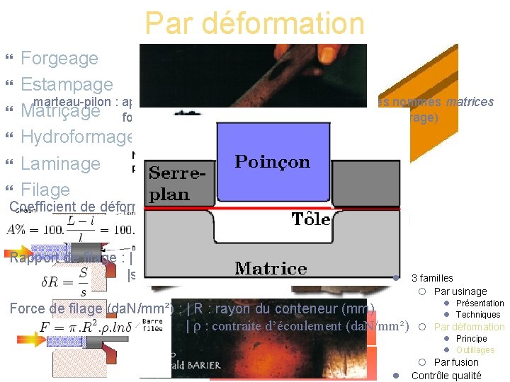 Par déformation Forgeage Estampage marteau-pilon : après chauffage, pression entre deux outillages nommés matrices