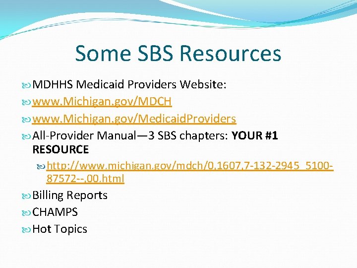 Some SBS Resources MDHHS Medicaid Providers Website: www. Michigan. gov/MDCH www. Michigan. gov/Medicaid. Providers