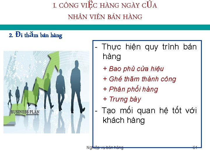 I. CÔNG VIỆC HÀNG NGÀY CỦA NH N VIÊN BÁN HÀNG 2. Đi thăm