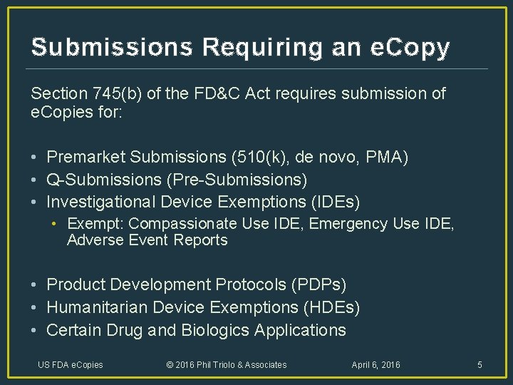Submissions Requiring an e. Copy Section 745(b) of the FD&C Act requires submission of