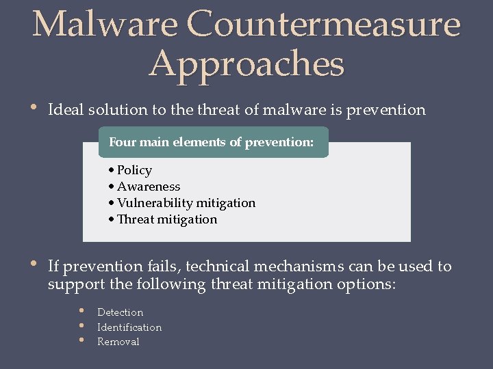 Malware Countermeasure Approaches • Ideal solution to the threat of malware is prevention Four