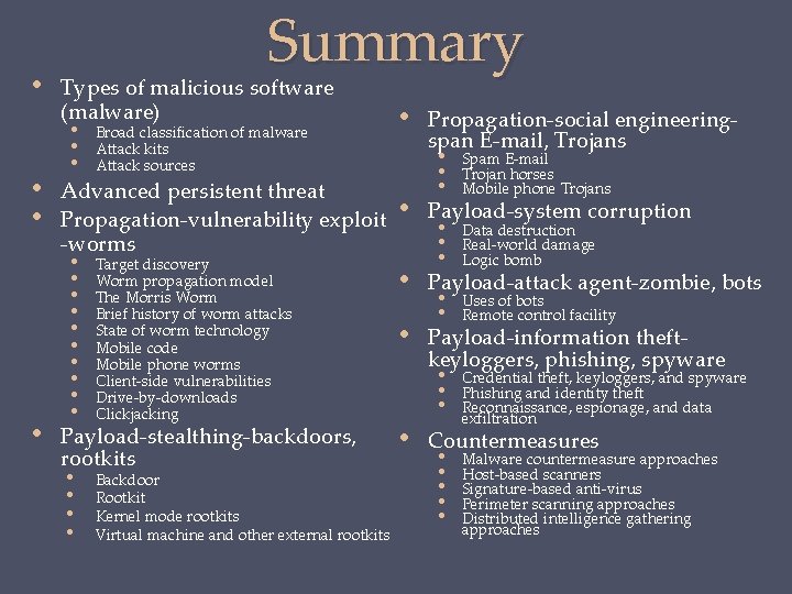  • • Summary Types of malicious software (malware) • Broad classification of malware
