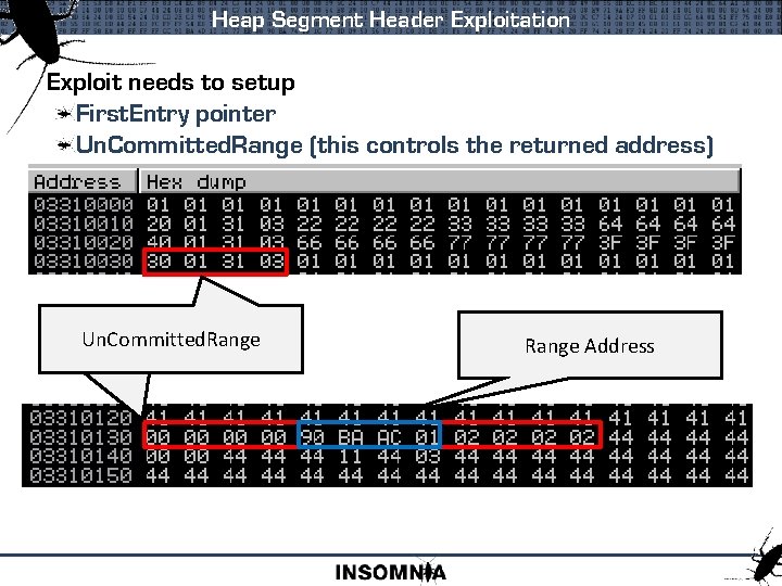 Heap Segment Header Exploitation Exploit needs to setup First. Entry pointer Un. Committed. Range