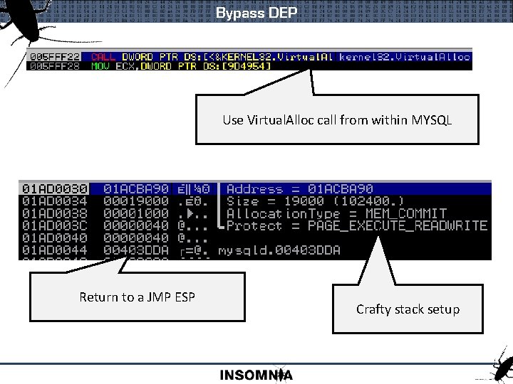 Bypass DEP Use Virtual. Alloc call from within MYSQL Return to a JMP ESP