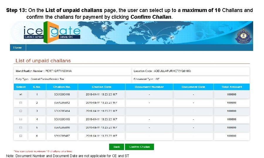 Step 13: On the List of unpaid challans page, the user can select up