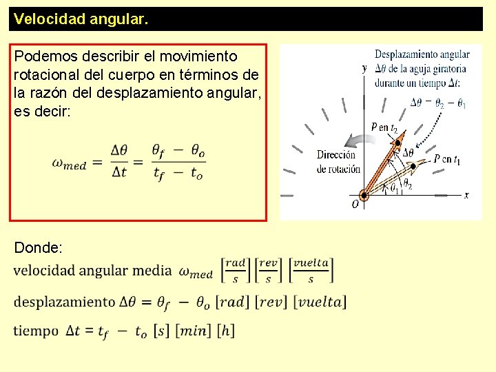 Velocidad angular. Podemos describir el movimiento rotacional del cuerpo en términos de la razón