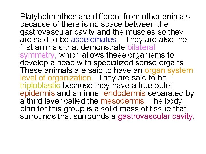 Platyhelminthes are different from other animals because of there is no space between the