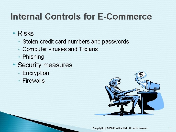Internal Controls for E-Commerce Risks ◦ Stolen credit card numbers and passwords ◦ Computer