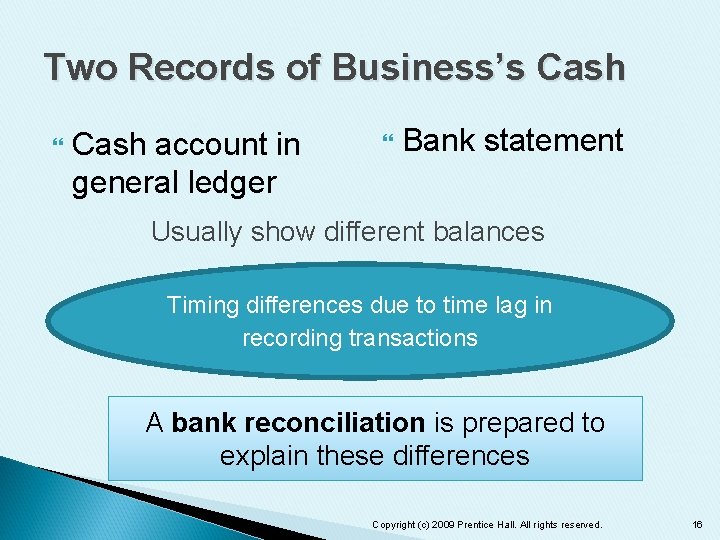 Two Records of Business’s Cash account in general ledger Bank statement Usually show different