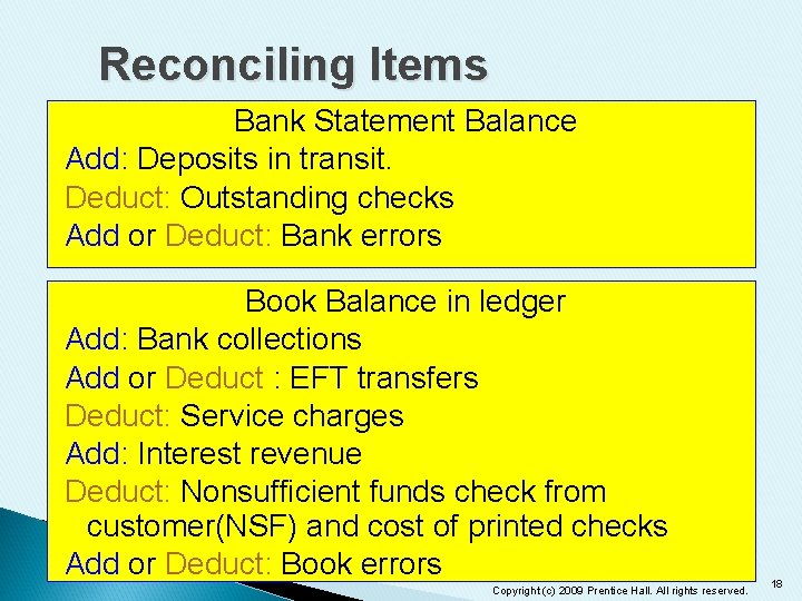 Reconciling Items Bank Statement Balance Add: Deposits in transit. Deduct: Outstanding checks Add or