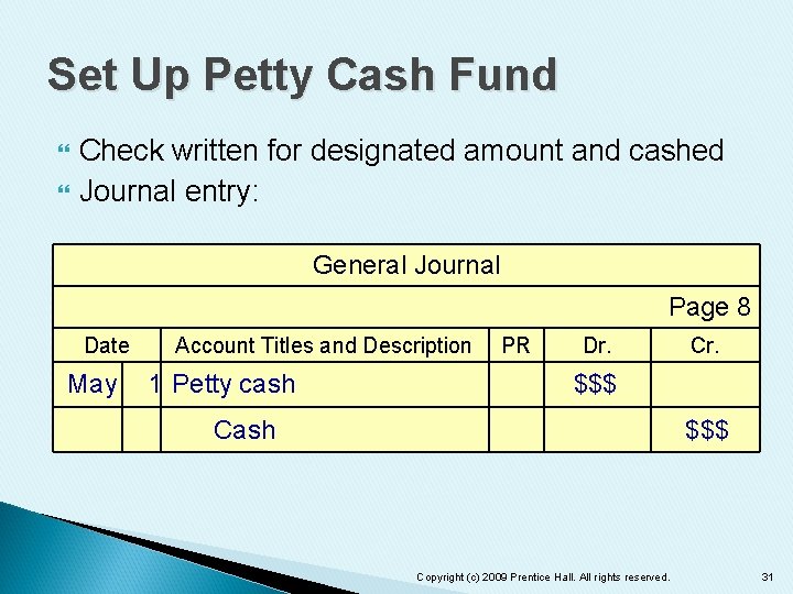 Set Up Petty Cash Fund Check written for designated amount and cashed Journal entry: