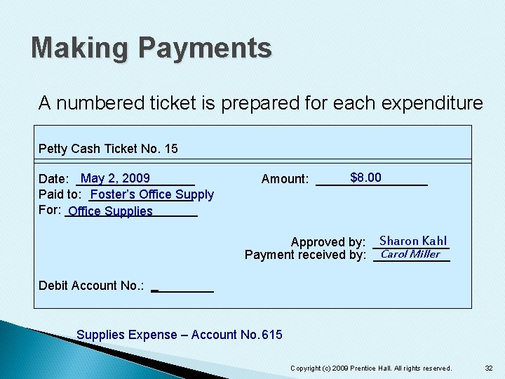 Making Payments A numbered ticket is prepared for each expenditure Petty Cash Ticket No.