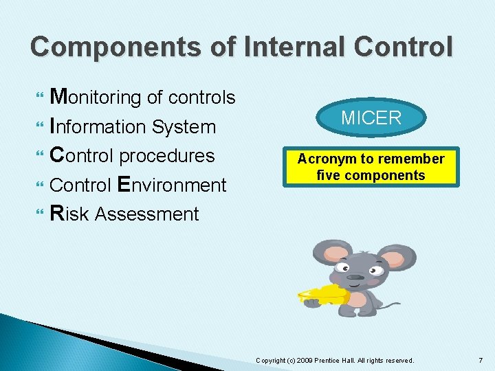 Components of Internal Control Monitoring of controls Information System Control procedures Control Environment Risk