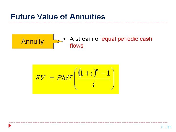 Future Value of Annuities Annuity • A stream of equal periodic cash flows. 6