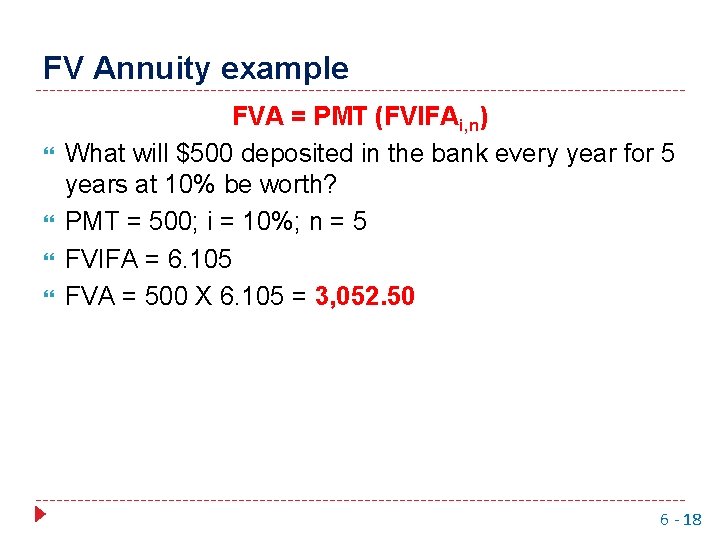 FV Annuity example FVA = PMT (FVIFAi, n) What will $500 deposited in the