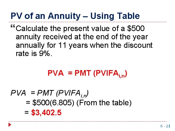 PV of an Annuity – Using Table Calculate the present value of a $500