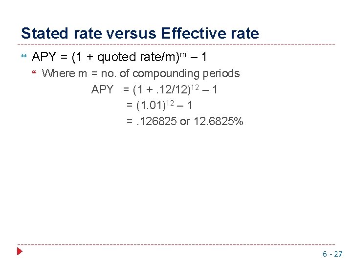 Stated rate versus Effective rate APY = (1 + quoted rate/m)m – 1 Where