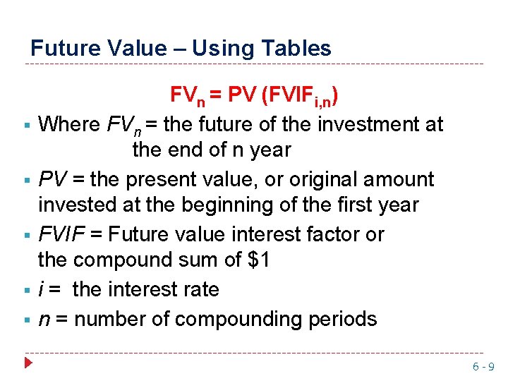 Future Value – Using Tables § § § FVn = PV (FVIFi, n) Where