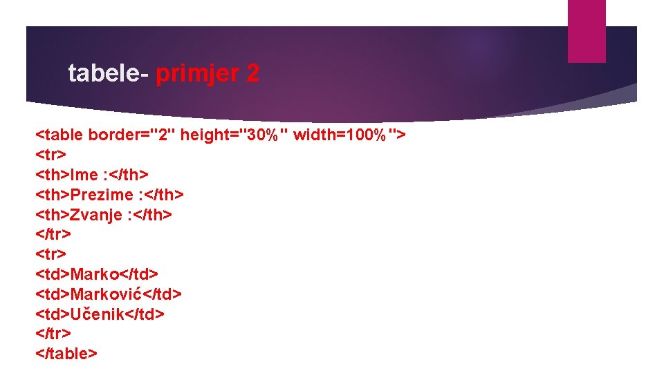 tabele- primjer 2 <table border="2" height="30%" width=100%"> <tr> <th>Ime : </th> <th>Prezime : </th>