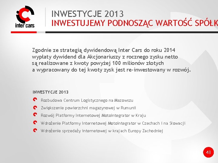 INWESTYCJE 2013 INWESTUJEMY PODNOSZĄC WARTOŚĆ SPÓŁK Zgodnie ze strategią dywidendową Inter Cars do roku