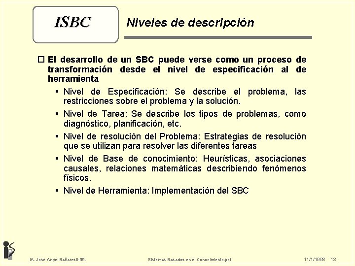ISBC Niveles de descripción o El desarrollo de un SBC puede verse como un