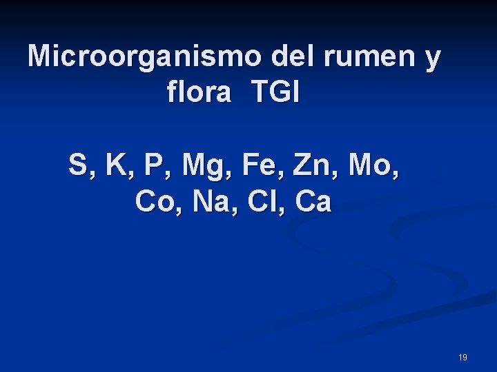 Microorganismo del rumen y flora TGI S, K, P, Mg, Fe, Zn, Mo, Co,