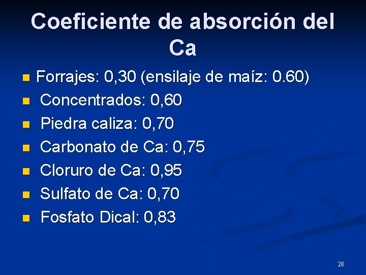 Coeficiente de absorción del Ca Forrajes: 0, 30 (ensilaje de maíz: 0. 60) n