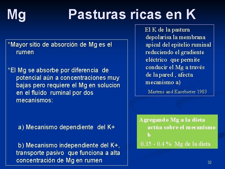 Mg Pasturas ricas en K *Mayor sitio de absorción de Mg es el rumen
