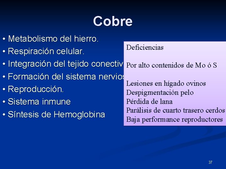 Cobre • Metabolismo del hierro. Deficiencias • Respiración celular. • Integración del tejido conectivo.