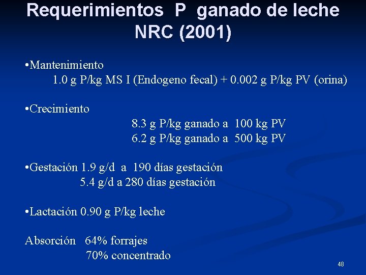 Requerimientos P ganado de leche NRC (2001) • Mantenimiento 1. 0 g P/kg MS
