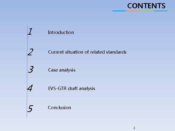 CONTENTS 1 Introduction 2 Current situation of related standards 3 Case analysis 4 EVS-GTR