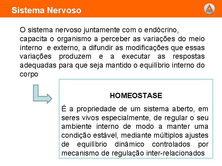 Sistema Nervoso O sistema nervoso juntamente com o endócrino, capacita o organismo a perceber