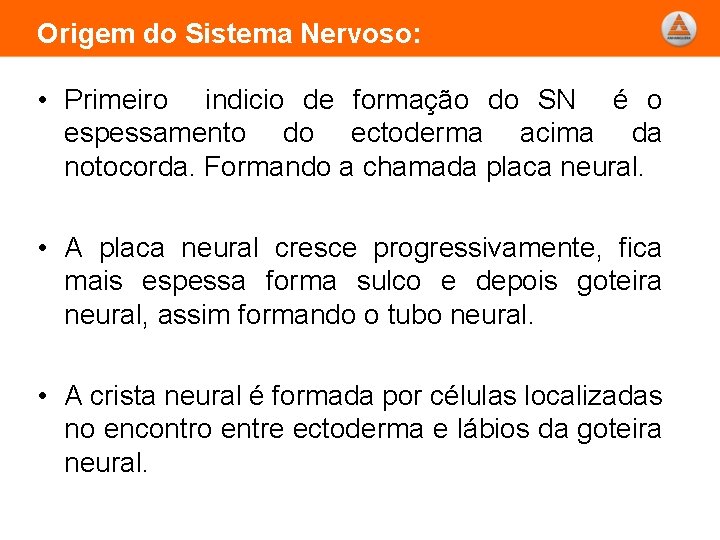 Origem do Sistema Nervoso: • Primeiro indicio de formação do SN é o espessamento