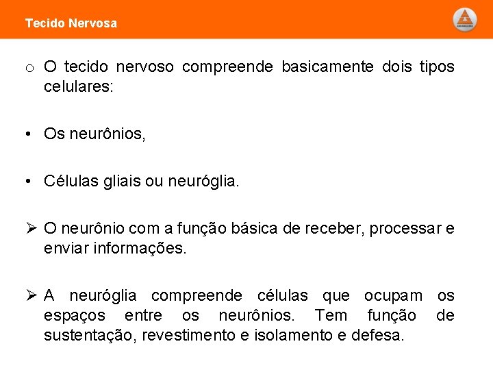 Tecido Nervosa o O tecido nervoso compreende basicamente dois tipos celulares: • Os neurônios,