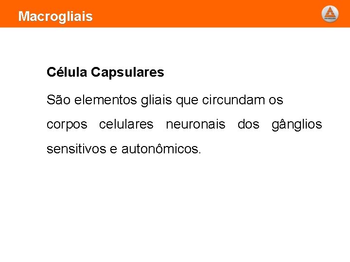 Macrogliais Célula Capsulares São elementos gliais que circundam os corpos celulares neuronais dos gânglios