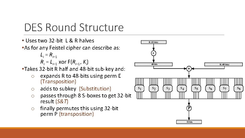 DES Round Structure • Uses two 32 -bit L & R halves • As