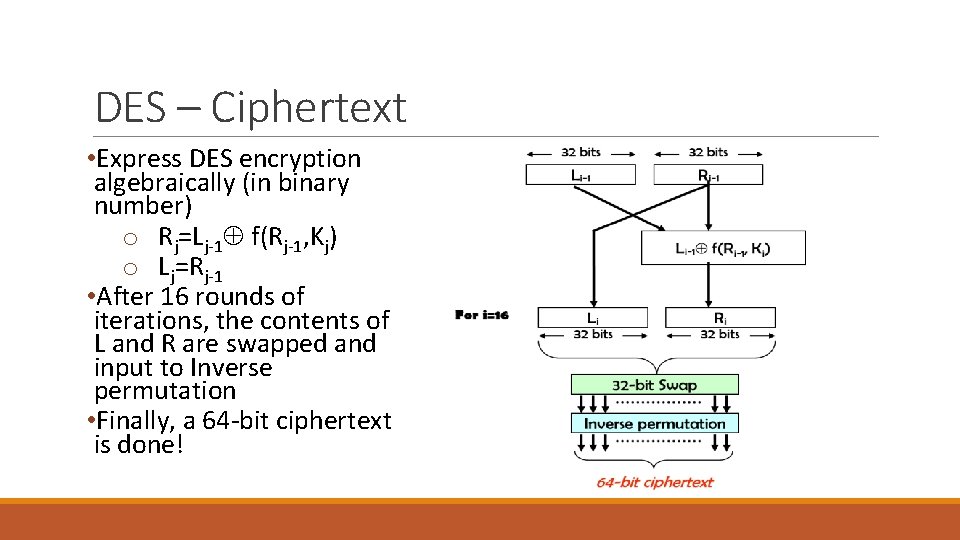 DES – Ciphertext • Express DES encryption algebraically (in binary number) o Rj=Lj-1 f(Rj-1,