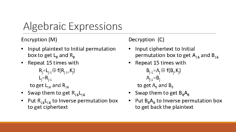 Algebraic Expressions Encryption (M) Decryption (C) • Input plaintext to Initial permutation box to
