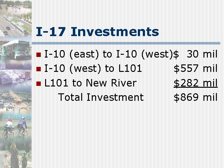 I-17 Investments I-10 (east) to I-10 (west)$ 30 n I-10 (west) to L 101