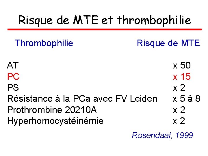 Risque de MTE et thrombophilie Thrombophilie Risque de MTE AT PC PS Résistance à